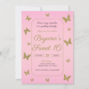 Invitación Fiesta Dulces 16 Mariposa Brillo Rosa y Dorado