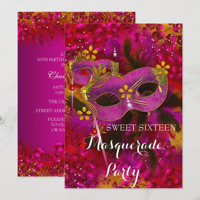 Invitación Fiesta Dulces 16 Mascarada Floral Rosa Dorado (Anverso / Reverso)