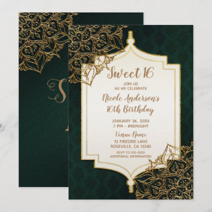 Invitación Fiesta Dulces 16 Moros y Cristianos Verde Oro Marr