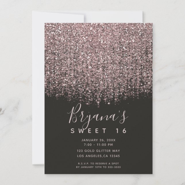 Invitación Fiesta Dulces 16 Negros Brillo Rosado Bonito (Anverso)