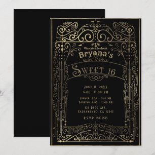 Invitación Fiesta Dulces 16 Negros y Dorados Vintage Victoria