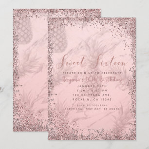 Invitación Fiesta Dulces 16 Piña Brillante Rosa Oro Rosado