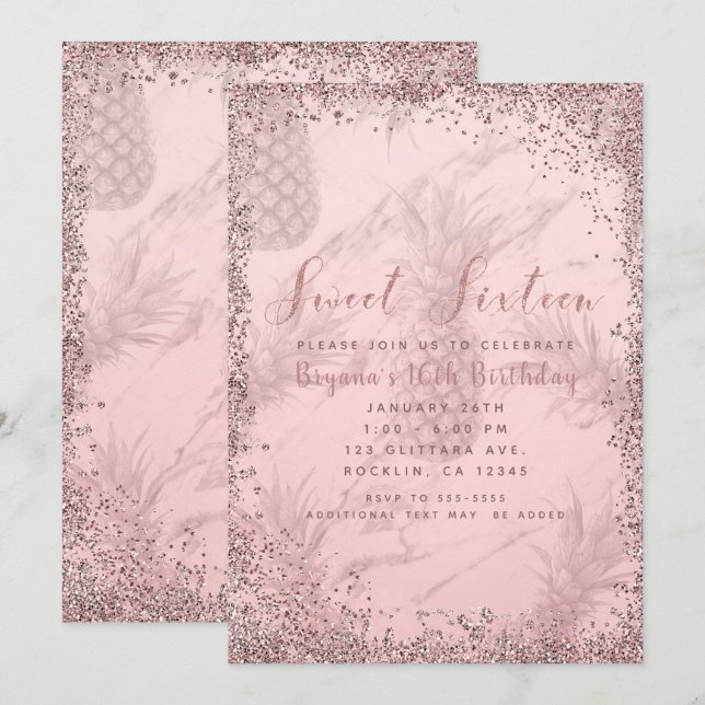 Invitación Fiesta Dulces 16 Piña Brillo Rosa Oro Rosado (Anverso / Reverso)