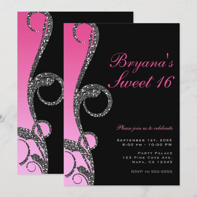 Invitación Fiesta Dulces 16 Remolino Brillo Rosa Negro Plata (Anverso / Reverso)