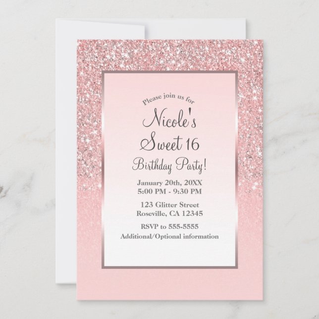 Invitación Fiesta Dulces 16 Rosa Brillante Glitter Oro (Anverso)
