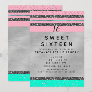 Invitación Fiesta Dulces 16 Rosa Menta Verde y Brillo Platead