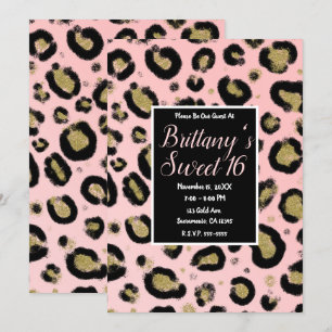 Invitación Fiesta Dulces 16 Rosa Oro Brillo y Leopardo Negro