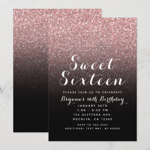 Invitación Fiesta Dulces 16 Rosa Oro Glitter y Negro