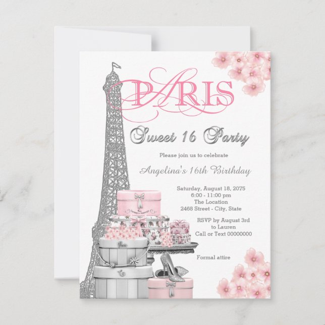 Invitación Fiesta Dulces 16 Rosa París (Anverso)