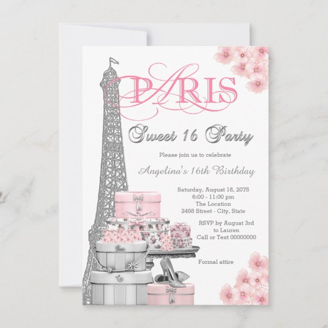 Invitación Fiesta Dulces 16 Rosa París (Anverso)