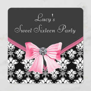 Invitación Fiesta Dulces 16 Rosado Negro Damask