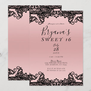 Invitación Fiesta Dulces 16 Tinta Negra Melocotón Rosa Encaje