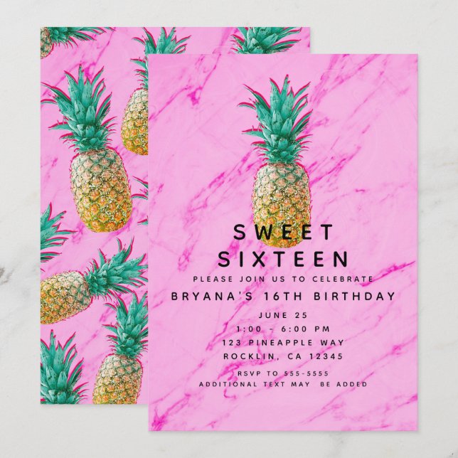 Invitación Fiesta Dulces 16 Tropicales de Piña y Mármol Rosa (Anverso / Reverso)