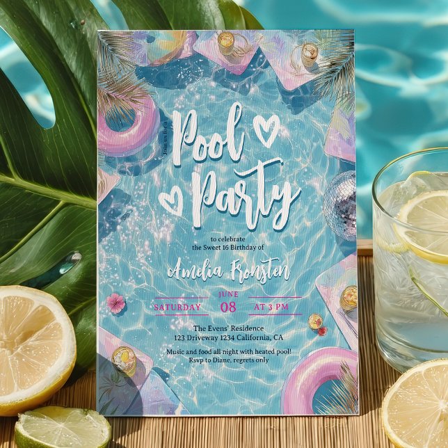 Invitación Fiesta Dulces 16 Verano Retro Disco Piscina (Summer Retro Disco Sweet 16 Pool Vibes Party Invitation)