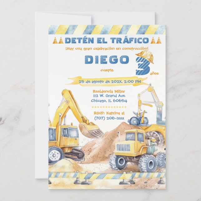 Invitación Fiesta editable de construcción 3 años (Anverso)