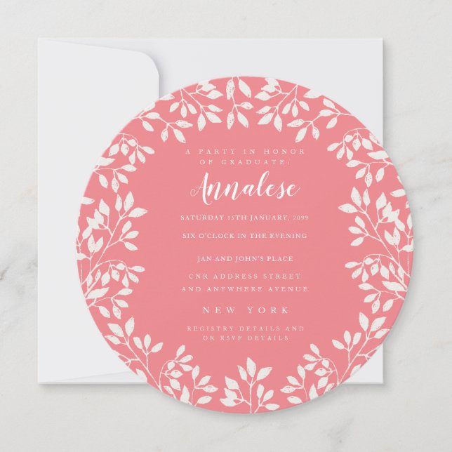 Invitación Fiesta editable en círculo de hojas blancas rosada (Anverso)