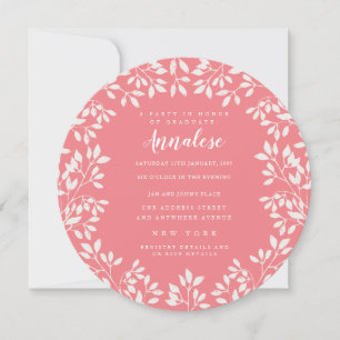 Invitación Fiesta editable en círculo de hojas blancas rosada