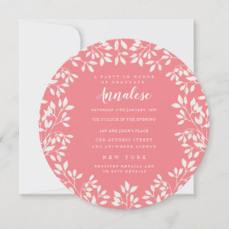 Invitación Fiesta editable en círculo de hojas blancas rosada