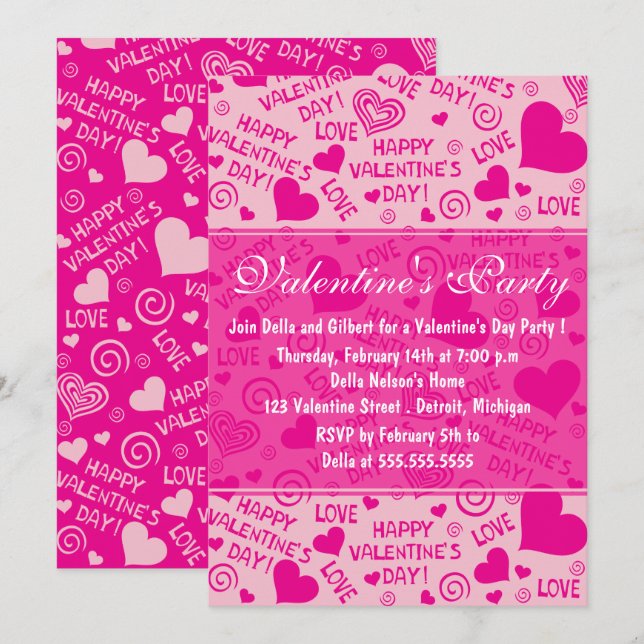 Invitación Fiesta El día de San Valentín de Corazones Rosadas (Anverso / Reverso)