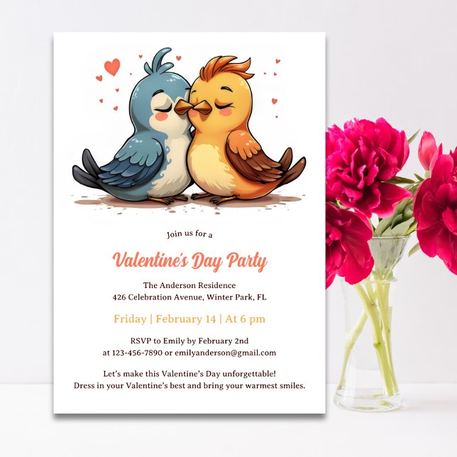 Invitación Fiesta El día de San Valentín de Cute Sweet Lovebi (Cute Sweet Lovebirds Valentine's Day Party Invitation)