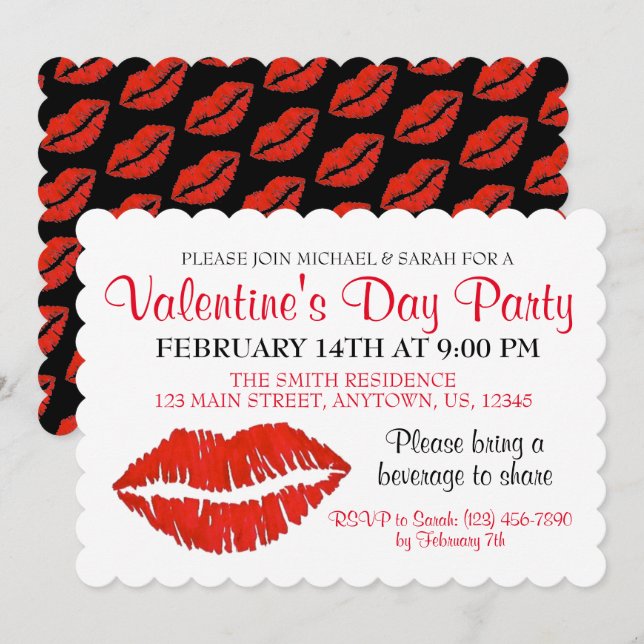 Invitación Fiesta el día de San Valentín Labios rojos Lipstic (Anverso / Reverso)
