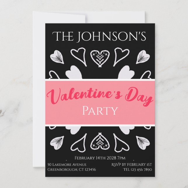 Invitación Fiesta El día de San Valentín moderno rosa negro y (Anverso)