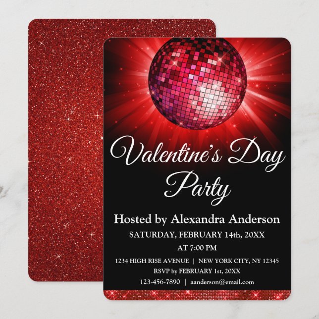 Invitación Fiesta el día de San Valentín Red Disco Ball (Anverso / Reverso)