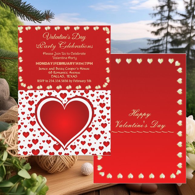 Invitación Fiesta El día de San Valentín Romántico Lluvia Roj (Romantic Red Raining Hearts Valentine's Day Party Invitation)