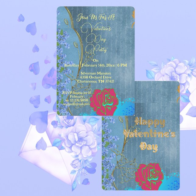 Invitación Fiesta El día de San Valentín Rústico Rosa Rosa Fl (Rustic Pink Rose Valentine's Day Party Blue Floral Invitation)