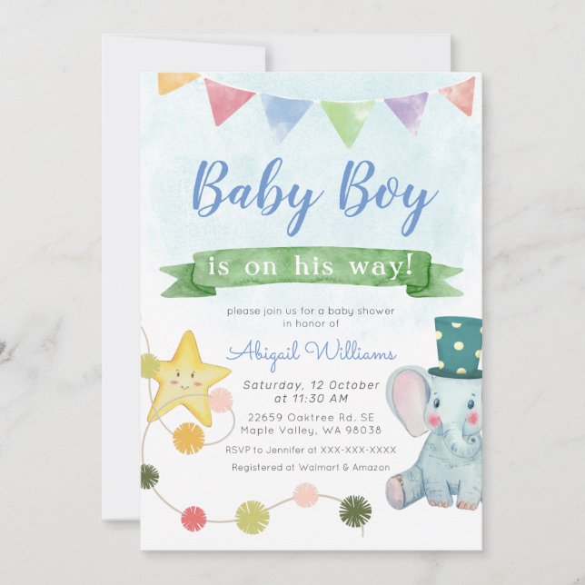 Invitación Fiesta elefante bebé lindo - Baby Shower azul (Anverso)