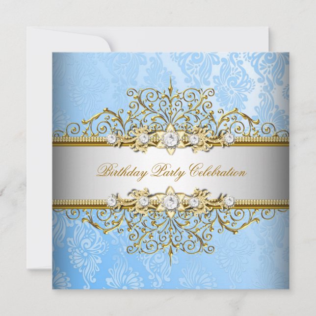 Invitación Fiesta Elegante Azul Blanco Dorado (Anverso)