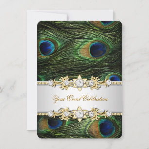 Invitación Fiesta elegante azul verde dorado pavo real
