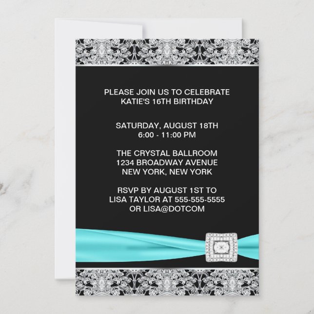 Invitación Fiesta Elegante Cumpleaños Dieciséis Negro Azul Te (Anverso)