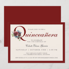 Invitación Fiesta elegante de Borgoña y Floral Azul Quinceane