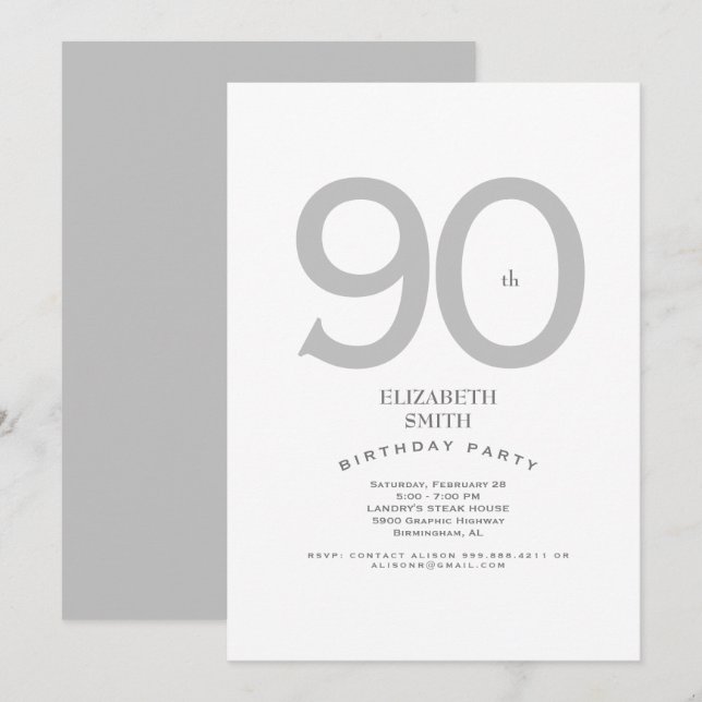 Invitación Fiesta elegante de cumpleaños número 90 de plata y (Anverso / Reverso)