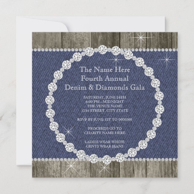 Invitación Fiesta elegante de denim y diamantes (Anverso)