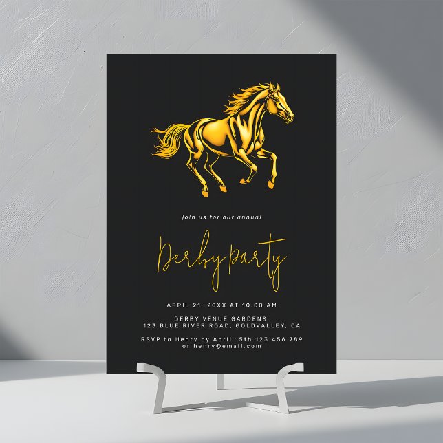 Invitación Fiesta Elegante de Derby de Caballos Negro y Dorad (Subido por el creador)