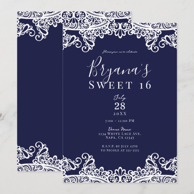 Invitación Fiesta elegante de dulces 16 años con encaje blanc (Anverso / Reverso)