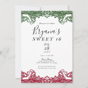 Invitación Fiesta elegante de dulces 16 años con encaje verde