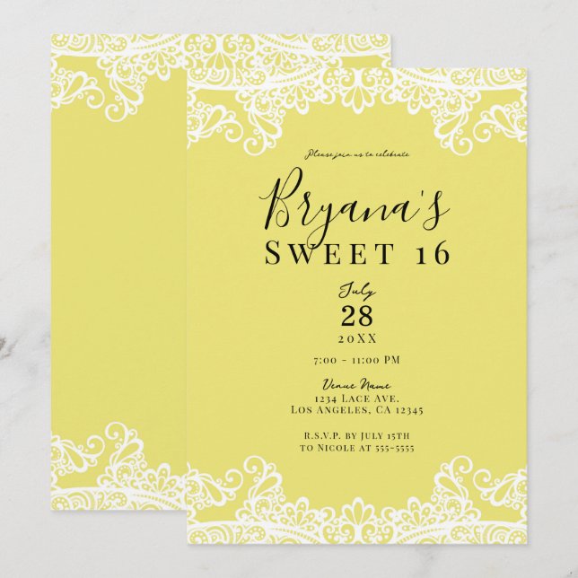Invitación Fiesta Elegante de Encaje Amarillo y Blanco Dulces (Anverso / Reverso)