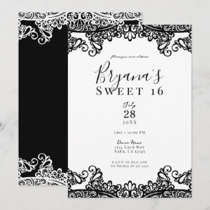 Invitación Fiesta elegante de encaje blanco y negro Sweet 16