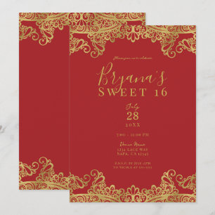 Invitación Fiesta elegante de encaje rojo y dorado Sweet 16