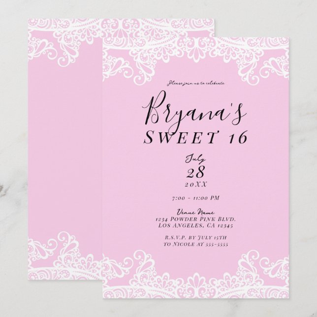 Invitación Fiesta elegante de encaje rosa y blanco Sweet 16 (Anverso / Reverso)