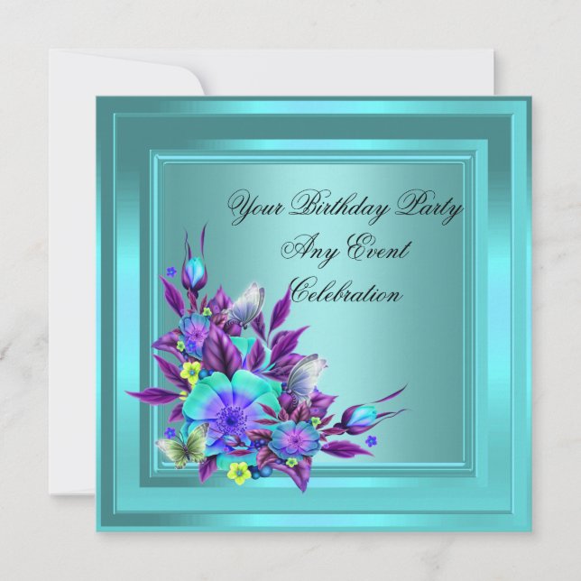 Invitación Fiesta elegante de floral azul morado verde azulad (Anverso)