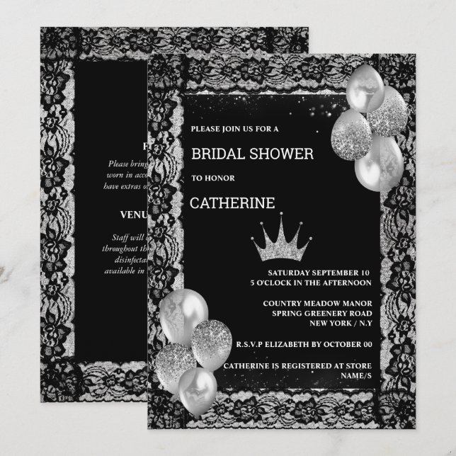 Invitación Fiesta elegante de globos de encaje negro de tiara (Anverso / Reverso)