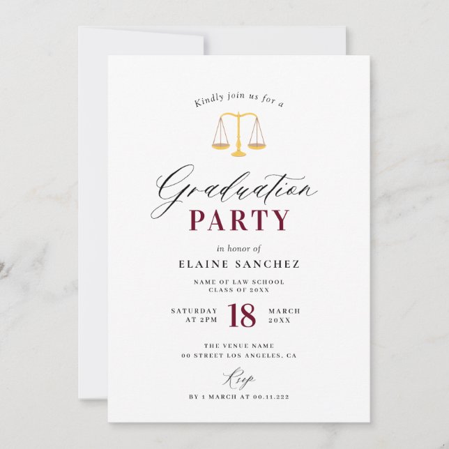 Invitación fiesta elegante de graduación de la escuela de der (Anverso)