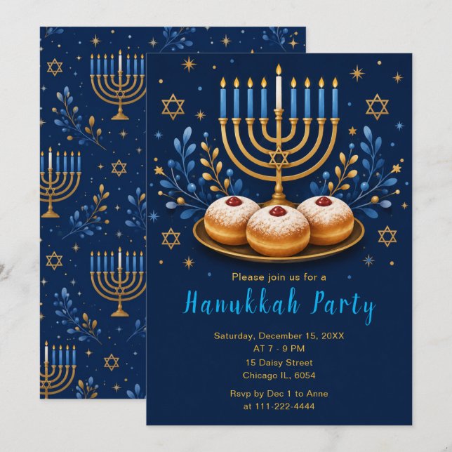 Invitación Fiesta elegante de Janucá (Anverso / Reverso)