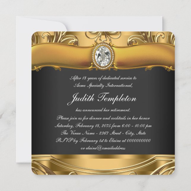 Invitación Fiesta elegante de jubilaciones en negro y oro (Reverso)