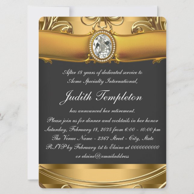 Invitación Fiesta elegante de jubilaciones en negro y oro (Reverso)