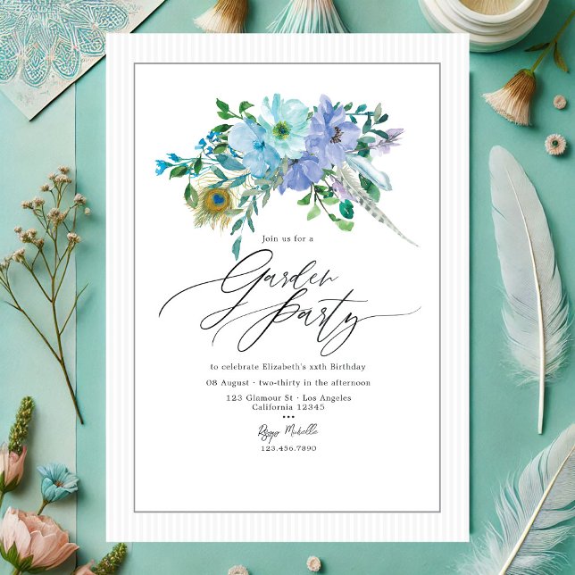 Invitación Fiesta elegante de la Casa de la Moneda y del Jard (Elegant Mint and Blue Boho Floral Garden Party Invitation)